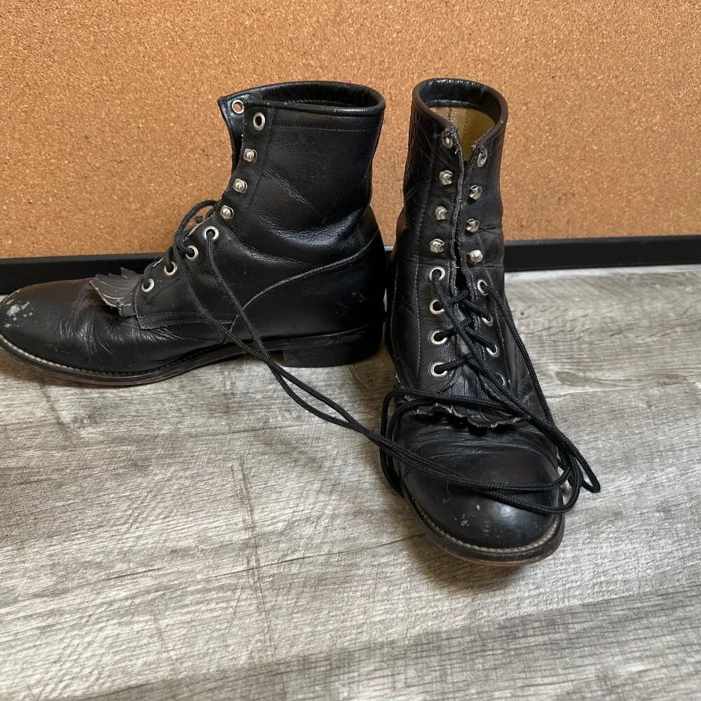 JUSTIN Kiltie Boots Womens Roper 5.5 D Leather Western LACER Black USA Riding